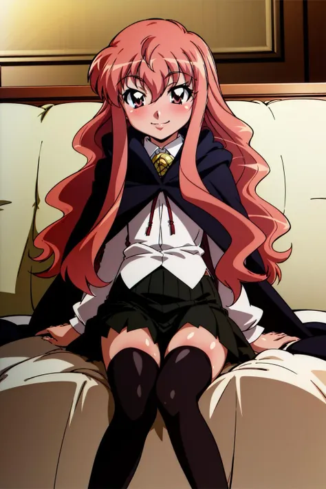 louise zero default, louise francoise le blanc de la valliere, <lora:Louise Zero_v0.2:1>, 1girl, solo, smile, (black thighhighs:1.2), pentacle, zettai ryouiki, cape, long hair, pink hair, wavy hair, pink eyes, (black skirt:1.2), sitting, hair between eyes