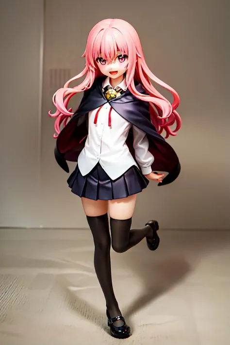 louise zero default, louise francoise le blanc de la valliere, <lora:Louise Zero_v0.2:1>, 1girl, solo, thighhighs, long hair, skirt, zettai ryouiki, black shirt, pink hair, shoes, pentacle, white shirt, black pleated skirt, full body, cape, standing, bolo tie, mary janes, :d, black thighhighs, smile, black skirt, looking at viewer, pink eyes, long sleeves, pentagram, very long hair, bangs, black footwear, miniskirt, collared shirt, black cape, dress shirt, wavy hair, hair between eyes, masterpiece, high quality, sharp focus