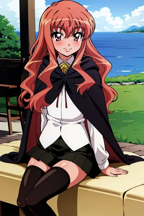 louise zero default, louise francoise le blanc de la valliere, <lora:Louise Zero_v0.2:1>, 1girl, solo, smile, (black thighhighs:1.2), pentacle, zettai ryouiki, cape, long hair, pink hair, wavy hair, pink eyes, (black skirt:1.2), dakimakura \(medium\), hair between eyes