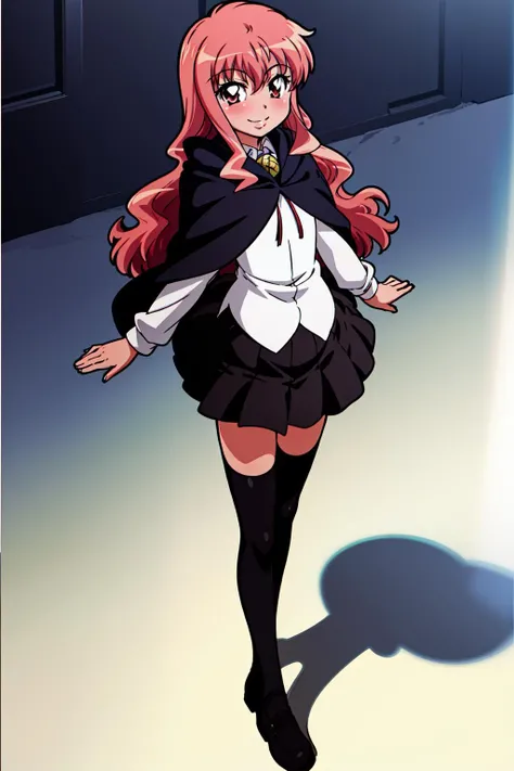louise zero default, louise francoise le blanc de la valliere, <lora:Louise Zero_v0.2:1>, 1girl, solo, smile, black thighhighs, pentacle, zettai ryouiki, cape, long hair, pink hair, wavy hair, pink eyes, black skirt, full body, hair between eyes