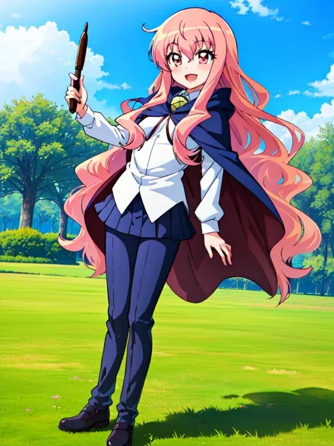 (((picture-perfect))) ( <lora:louise zero default trigger:1>louise zero default, louise francoise le blanc de la valliere, zero no tsukaima, 1girl, solo, smile, pentacle, cape, long hair, pink hair, wavy hair, pink eyes, hair between eyes, full body, original anime style) (outdoors, enjoying the beauty of nature)