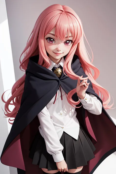 louise zero default, louise francoise le blanc de la valliere, <lora:Louise Zero_v0.2:1>, 1girl, solo, smile, black thighhighs, pentacle, zettai ryouiki, cape, long hair, pink hair, wavy hair, pink eyes, black skirt, standing, hair between eyes