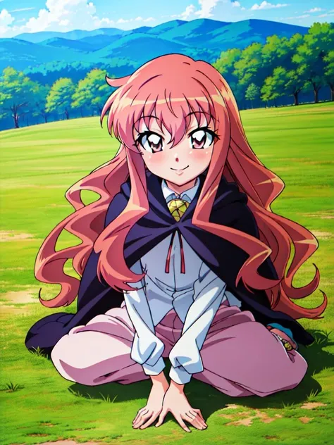 (((picture-perfect))) ( <lora:louise zero default trigger:1>anime style louise zero default,anime style louise francoise le blanc de la valliere, zero no tsukaima, 1girl, solo, smile, pentacle, cape, long hair, pink hair, wavy hair, pink eyes, hair between eyes, full body, original adapted anime look) (outdoors, enjoying the beauty of nature)