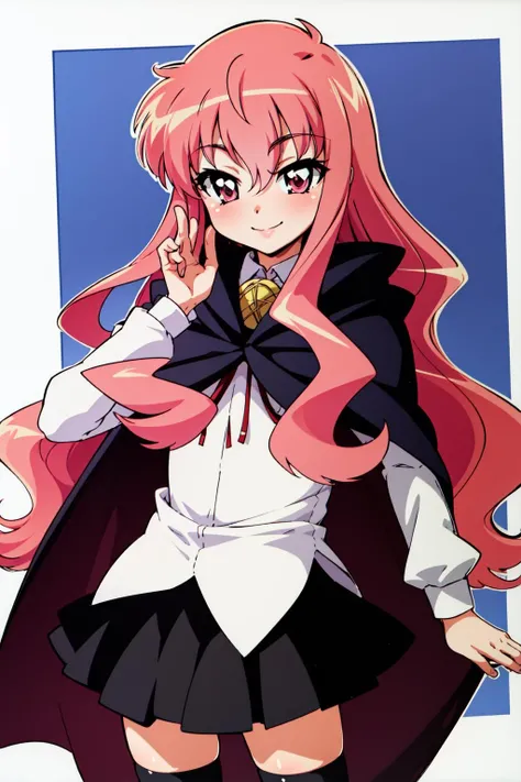louise zero default, louise francoise le blanc de la valliere, <lora:Louise Zero_v0.2:1>, 1girl, solo, smile, black thighhighs, pentacle, zettai ryouiki, cape, long hair, pink hair, wavy hair, pink eyes, black skirt, standing, hair between eyes