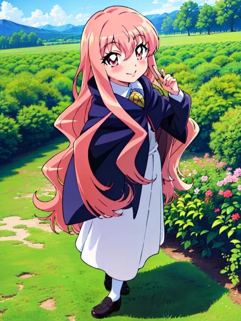 (((picture-perfect))) ( <lora:louise zero default trigger:1>louise zero default, louise francoise le blanc de la valliere, zero no tsukaima, 1girl, solo, smile, pentacle, cape, long hair, pink hair, wavy hair, pink eyes, hair between eyes, full body, anime-based style) (outdoors, enjoying the beauty of nature)