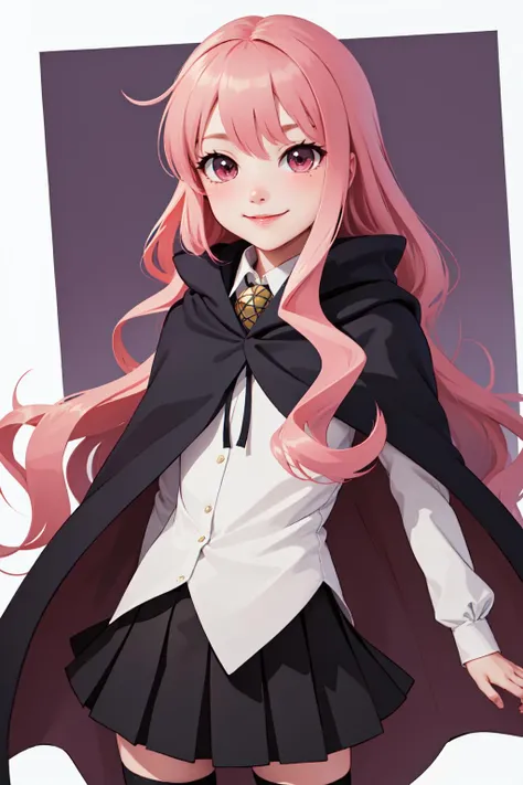 louise zero default, louise francoise le blanc de la valliere, <lora:Louise Zero_v0.2:1>, 1girl, solo, smile, black thighhighs, pentacle, zettai ryouiki, cape, long hair, pink hair, wavy hair, pink eyes, black skirt, standing, hair between eyes