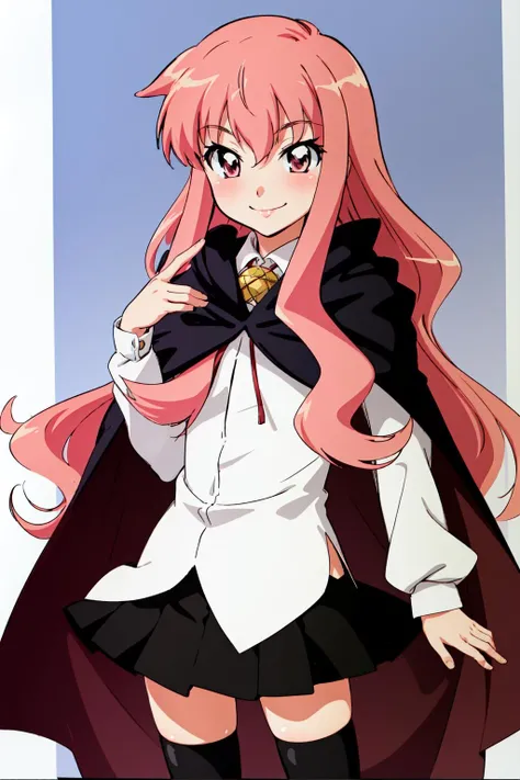 louise zero default, louise francoise le blanc de la valliere, <lora:Louise Zero_v0.2:1>, 1girl, solo, smile, black thighhighs, pentacle, zettai ryouiki, cape, long hair, pink hair, wavy hair, pink eyes, black skirt, standing, hair between eyes