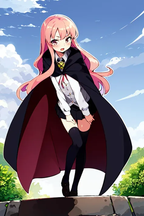louise zero default, louise francoise le blanc de la valliere, <lora:Louise Zero_v0.2:1>, 1girl, solo, thighhighs, pentacle, zettai ryouiki, cape, long hair, pink hair, blonde hair, pink eyes, skirt, standing