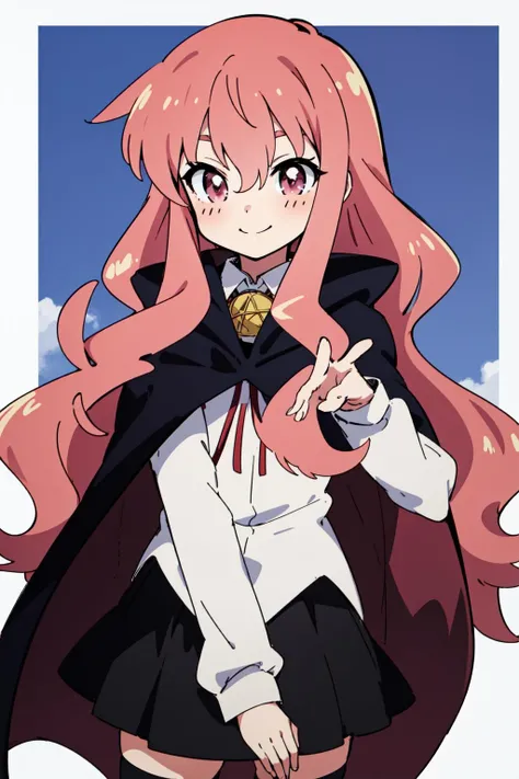 louise zero default, louise francoise le blanc de la valliere, <lora:Louise Zero_v0.2:1>, 1girl, solo, smile, black thighhighs, pentacle, zettai ryouiki, cape, long hair, pink hair, wavy hair, pink eyes, black skirt, standing, hair between eyes