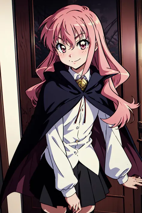 louise zero default, louise francoise le blanc de la valliere, <lora:Louise Zero_v0.2:1>, 1girl, solo, smile, black thighhighs, pentacle, zettai ryouiki, cape, long hair, pink hair, wavy hair, pink eyes, black skirt, standing, hair between eyes