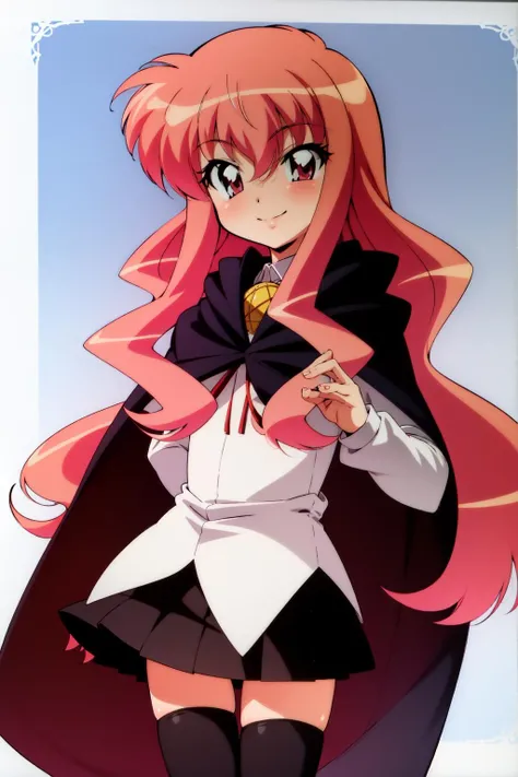 louise zero default, louise francoise le blanc de la valliere, <lora:Louise Zero_v0.2:1>, 1girl, solo, smile, black thighhighs, pentacle, zettai ryouiki, cape, long hair, pink hair, wavy hair, pink eyes, black skirt, standing, hair between eyes