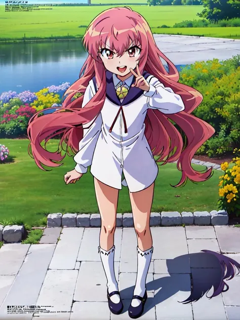(((picture-perfect))) (( <lora:louise zero default trigger:1>louise zero default, louise francoise le blanc de la valliere drawn by fuji_masahiro, full body, 1girl, solo)) (outdoors) (((fujii_masahiro (artstyle), drawn by megami magazine, megami magazine (artstyle) 2000s (style), official art))) (((angry but happy)))