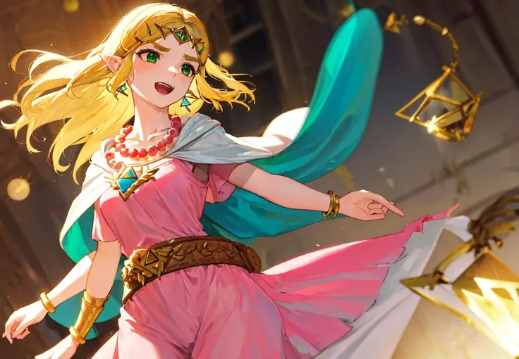 extremely delicate and beautiful, masterpiece, (Depth of field:1.2), slightly smile, open mouth, looking away, 1girl, (solo), princess zelda, blonde hair, (green eyes), pointy ears, long hair, parted bangs, (bead necklace, beads, belt, bracer, cape, circlet, collarbone, dress, earrings, jewelry, necklace, triforce, triforce earrings, v-shaped eyebrows, white cape, (pink dress),<lyco:princesszelda-lyco-nochekaiser:1.0>)