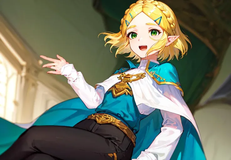 extremely delicate and beautiful, masterpiece, (Depth of field:1.2), slightly smile, open mouth, looking away, 1girl, (solo), princess zelda, blonde hair, (green eyes:1.5), pointy ears, hair ornament, hairclip, parted bangs, short hair, crown braid, (braid, capelet,  long sleeves, dress, blue dress, pants, black pants,<lyco:princesszelda-lyco-nochekaiser:1.0>)