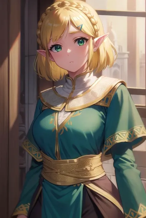 princesszelda, <lyco:princesszelda-lyco-nochekaiser:1>,
princess zelda, blonde hair, (green eyes:1.5), pointy ears, hair ornament, hairclip, parted bangs, short hair, crown braid,
BREAK braid, capelet, long sleeves, dress, blue dress, pants, black pants,
BREAK looking at viewer, full body,
BREAK outdoors,
BREAK <lyco:GoodHands-beta2:1>, (masterpiece:1.2), best quality, high resolution, unity 8k wallpaper, (illustration:0.8), (beautiful detailed eyes:1.6), extremely detailed face, perfect lighting, extremely detailed CG, (perfect hands, perfect anatomy),