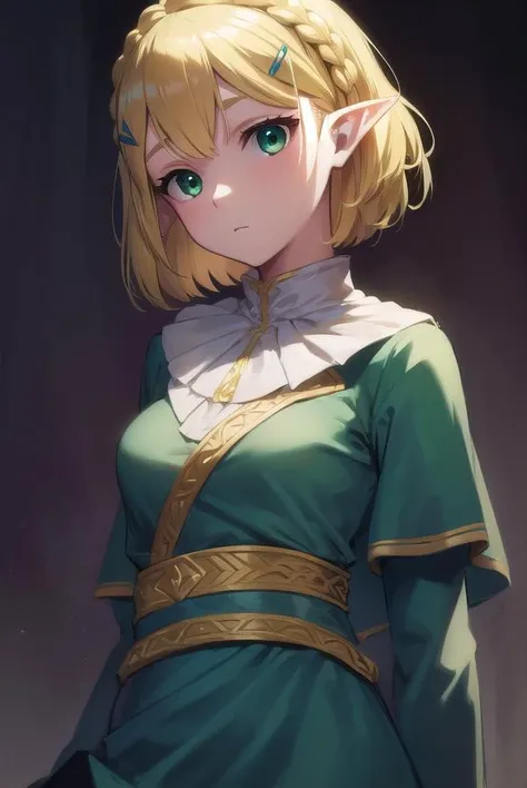 princesszelda, <lyco:princesszelda-lyco-nochekaiser:1>,
princess zelda, blonde hair, (green eyes:1.5), pointy ears, hair ornament, hairclip, parted bangs, short hair, crown braid,
BREAK braid, capelet, long sleeves, dress, blue dress, pants, black pants,
BREAK looking at viewer, full body,
BREAK outdoors,
BREAK <lyco:GoodHands-beta2:1>, (masterpiece:1.2), best quality, high resolution, unity 8k wallpaper, (illustration:0.8), (beautiful detailed eyes:1.6), extremely detailed face, perfect lighting, extremely detailed CG, (perfect hands, perfect anatomy),