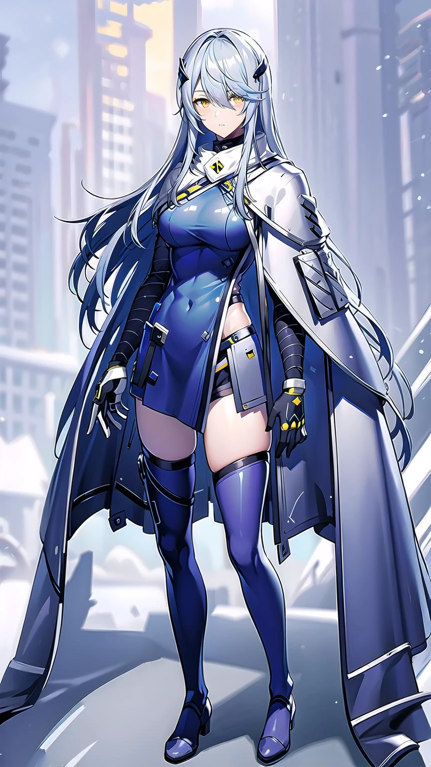 masterpiece, best quality,lyfesnowbreak,1girl, solo, long hair, yellow eyes, gloves, thighhighs, breasts, grey hair, bangs, hair ornament, cape, standing, white gloves, (dark blue dress:), dark blue cloak, black thighhighs, expressionless, <lora:LyfeSnowV1:0.7>, full body,beach,