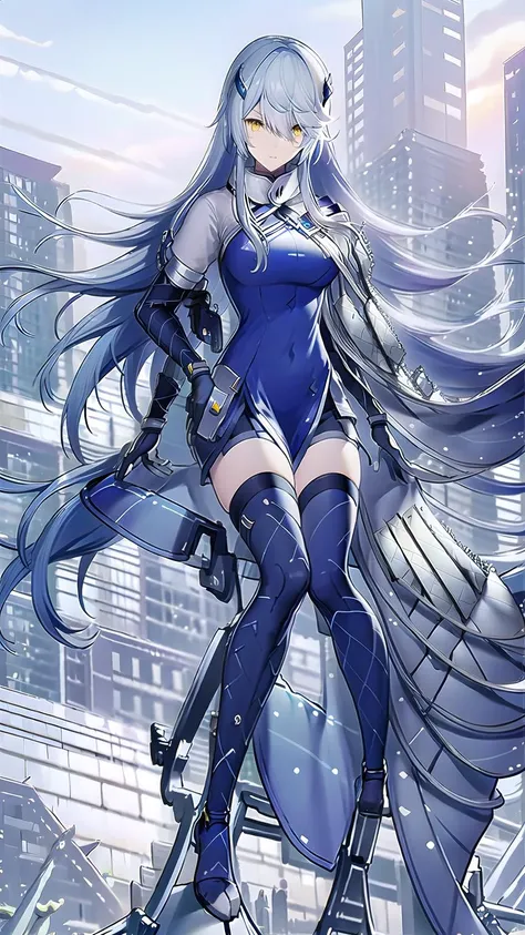 masterpiece, best quality,lyfesnowbreak,1girl, solo, long hair, yellow eyes, gloves, thighhighs, breasts, grey hair, bangs, hair ornament, cape, sitting on bed, white gloves, (dark blue dress:), dark blue cloak, black thighhighs, expressionless, <lora:LyfeSnowV1:1>, full body,beach background, water, blue sky,