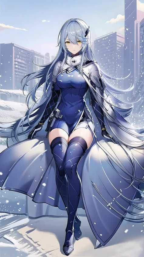 masterpiece, best quality,lyfesnowbreak,1girl, solo, long hair, yellow eyes, gloves, thighhighs, breasts, grey hair, bangs, hair ornament, cape, sitting on bed, white gloves, (dark blue dress:), dark blue cloak, black thighhighs, expressionless, <lora:LyfeSnowV1:0.9>, full body,beach background, water, blue sky,