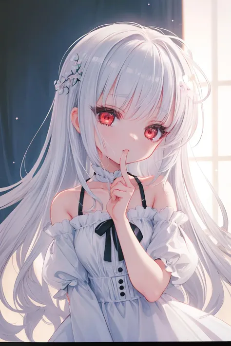 16k, highres, masterpiece, best quality, 
cinematic film still, 
<lora:Choco_v1:1>
chc, portrait of 1girl, cute petite, cute pose, finger to mouth, 
tsurime, long hair, silver hair, red eyes,  white sundress, embroidery
, 
shallow depth of field, vignette, highly detailed, high budget, bokeh, cinemascope, moody, epic, gorgeous,
film grain, grainy,
