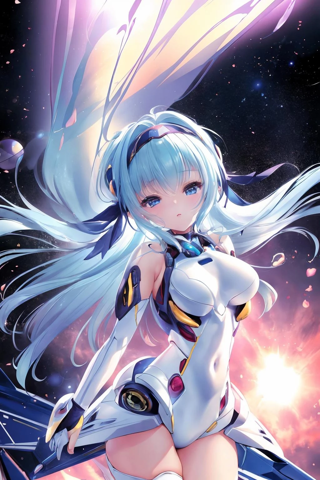 16k, highres, masterpiece, best quality,
cinematic photo,
<lora:Choco_v1:1>
chc, science fiction, pinup of 1girl, floating in space, cowboy shot, mecha musume, white armor, serious, planet, particle of starts,
long hair, blue hair, hairband,,
35mm photograph, film, bokeh, professional, 4k, highly detailed,