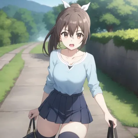 bofuri-sally, blue shirt blue skirt white thighhighs, (bangs, ponytail, brown hair, hair between eyes), hair ribbon, collarbone, full body, , solo, 1girl, outdoors <lora:bofuri-sally-000004:0.5>