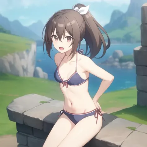 bofuri-sally, bikini, (bangs, ponytail, brown hair, hair between eyes), hair ribbon, collarbone, full body, medium breasts, solo, 1girl, outdoors <lora:bofuri-sally-000004:0.5>