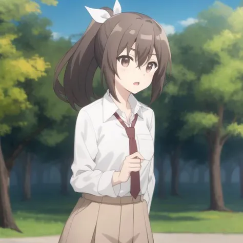 bofuri-sally, necktie shirt skirt, (bangs, ponytail, brown hair, hair between eyes), hair ribbon, collarbone, full body, , solo, 1girl, outdoors <lora:bofuri-sally-000004:0.6>