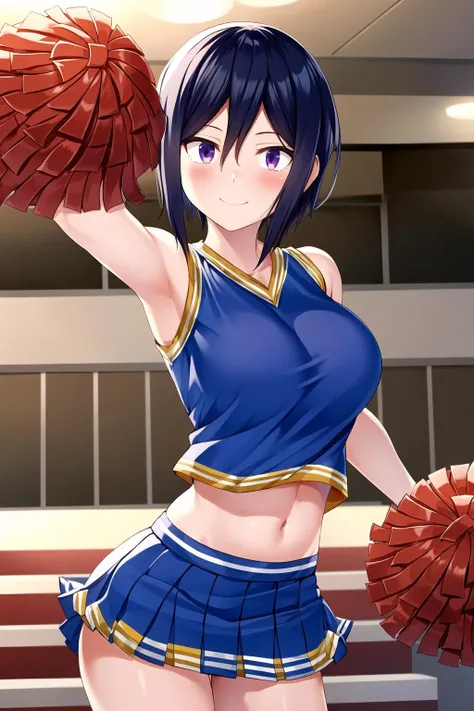 <lora:hitomiv1:0.7>, 1girl, cheerleader, skirt, solo, pleated skirt, looking at viewer, breasts, short hair, navel, blush, standing, shirt, holding, midriff, large breasts, sleeveless, crop top, bangs, closed mouth, cowboy shot, hair between eyes, smile, embarrassed, purple eyes, red outfit