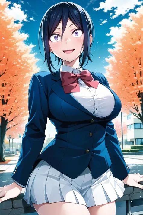 <lora:hitomiv1:1>, school uniform, 1girl, breasts, skirt, large breasts, short hair, smile, purple eyes, black hair, looking at viewer, open mouth, jacket, long hair, bow, blush, pleated skirt, blazer, sky, tree