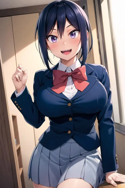 <lora:hitomiv1:0.7>, 1girl, solo, breasts, skirt, fang, sharp teeth, school uniform, open mouth, blush, pleated skirt, looking at viewer, large breasts, bow, jacket, blazer, black hair, smile, purple eyes, relaxed expression