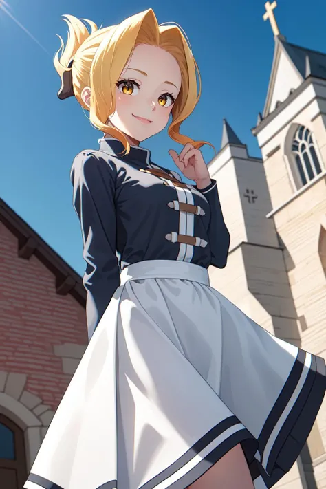 1girl, solo, luna \\(konosuba\\),
blonde hair, folded ponytail, sidelocks,
yellow eyes,
smile,
skirt, medieval dress, white dress,
outdoors, medieval, town, church, outdoors,
<lora:Luna - Konosuba v1:0.8>