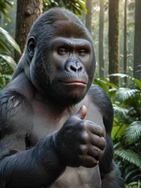 Gorilla, bust shot,realistic,cinematic,forest background, looking at viewer, beautiful eyes, smile, giving a thumbs-up gesture,
<lora:jitome:0.8> jitome, hosome, eye expression, half closed eyes, squinted eyes, narrowed eyes, narrow gaze,
high quality, high resolution, high detail,