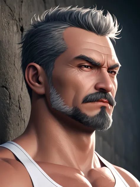 1man,tough guy,bad guy,old man,middle aged,undercut hair,short messy hair,solo,wearing clothes,white Tank top,masculine,Macho, muscular, hard-boiled, wild,square face,
Dandy, powerful, strong eyes, bodybuilder,thick eyebrows,thick and strong eyebrows,facial wrinkles,The moat in the face is deep,cheekbones, rough skin,oily face,
thick neck and shoulder muscles,
high contrast,cinematic,cinematic lighting,dramatic lighting,
masterpiece,looking at viewer,high detail,high quality,ID photo style,no makeup,photo,real,realistic,bright,bright lighting,daylight,sun light,beautiful lighting,
 <lora:jitome:0.7>jitome,hosome,eye expression,half closed eyes,squinted eyes,narrowed eyes,narrow gaze,from below,
mouth frown,
Standing upright,
front view,from front,extra close up view,super close up,ultra zoom in,no headroom,tight crop, no empty space,face only shot, detailed face,head shot,detail shot,fill the screen,
Composition that fills the screen,reflection in the eye,closed mouth,angry eyebrows,small nose,thin nose,
beautiful eyes,pupil,iris,attractive,
simple background,stand behind a wall,parallel to the wall,parallel to camera,plain gray wall,