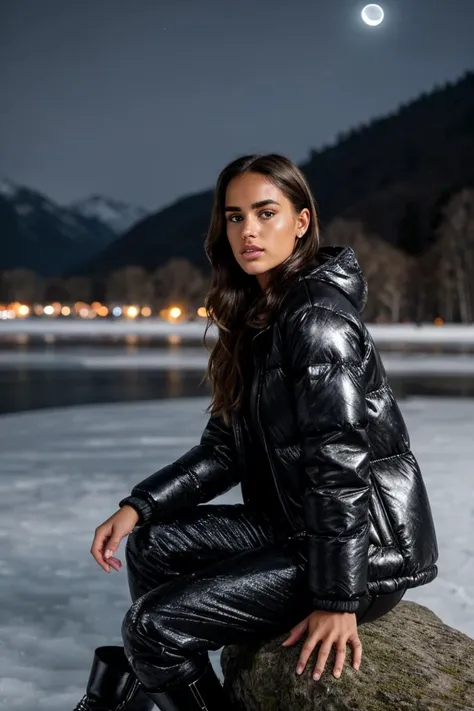 tv_Hope_Kelesis_IG, (((Ultra-HD-details, Ultra-HD-detailed, Ultra-HD-realistic))), PA7_Human-Likeness, , , sad expression, wearing a winter coat, wearing winter pants, wearing winter boots, sitting on a rock by a frozen mountain lake, midnight, moonlight, shot from the side,, 8k resolution, highres, high detail, sharp focus, detailed skin, 8k uhd, bokeh, analog photography