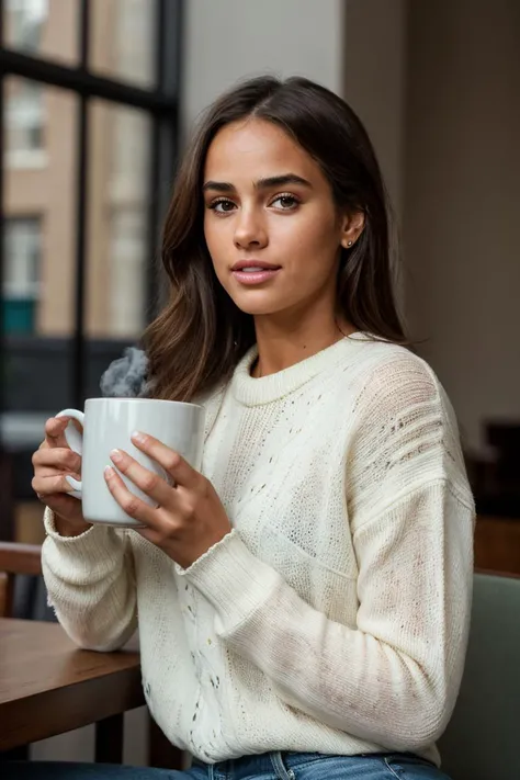 tv_Hope_Kelesis_IG, (((Ultra-HD-details, Ultra-HD-detailed, Ultra-HD-realistic))), PA7_Human-Likeness, , , wearing a cozy knitted sweater, sitting in a café, holding a steaming mug with both hands, happy expression,, 8k resolution, highres, high detail, sharp focus, detailed skin, 8k uhd, bokeh, analog photography