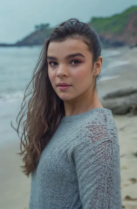 Portrait Photo a portrait of a woman ha1leeste1nfeld wearing a long gray sweater, (long hair), soft bright light, (hdr, vibrant color grade, 8k, film grain:1.3), hyperdetailed photography, by Elizabeth Polunin, on the beach, looking straight to camera, sweaty oily skin pores, olya bossak, nepal, very accurate photo, suspiria, soft smile
