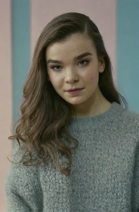 Portrait Photo a portrait of a woman ha1leeste1nfeld wearing a long gray sweater, (long hair), soft bright light, film grain, hyperdetailed photography, by Elizabeth Polunin, brooklyn, looking straight to camera, sweaty, olya bossak, nepal, very accurate photo, suspiria
