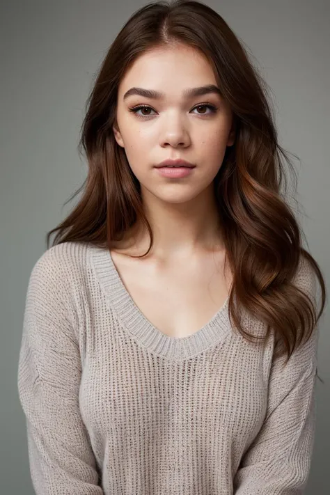 portrait photo of ha1leeste1nfeld in a oversized light gray sweater, (long auburn hair), posing for a picture, epicRealism, for cosmopolitan, realistic skin texture, softcore, warm lighting, simple background, magazine cover style