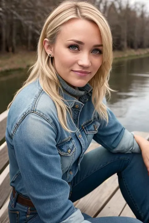 3m!lyOsmÉnt ((Wearing a turtleneck and distressed jeans)), Professional, ((in the country next to a river)), ((sitting on a bench next to the river)), ((smiling)), model shoot style, extremely intricate, High Detail, Sharp focus, dramatic, soft cinematic light, ((Real skin with pores)), (looking at viewer), (Real Eyes), (Detailed Eye Corneas) (detailed pupils), smiling, 24mm, photo lab, elegant, insane details, hyperdetailed, low contrast, epiCRealism, (((SFW)))