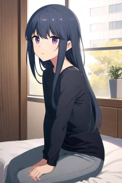 (masterpiece:1.2), best quality, high resolution, unity 8k wallpaper, (illustration), extremely detailed face, perfect lighting, extremely detailed CG, 1girl, solo, <lora:Shimarin:0.7>, shimarin, blue hair, looking at viewer, long hair, hair down, (black shirt:1.2, grey pants:1.2, long shirt), long sleeves, flat chest, [detailed eyes:1.3, perfect hands, detailed hands, five fingers:1.2], sitting on bed, cowboy shot, parted lips, frontal view, arms at sides, hands at sides, frontal view:1.2, two hands