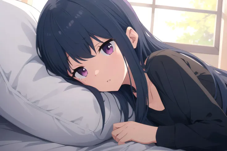 (1girl in),(beautiful eyes finely detailed, Face to detail, black hair, long hair), wearing long white shirt, lying down her back in bed, and shy facial expression, looking at viewers, camera angle from front, full body, masterpiece sidelighting, masterpiece, top-quality, detailed, High resolution illustration
