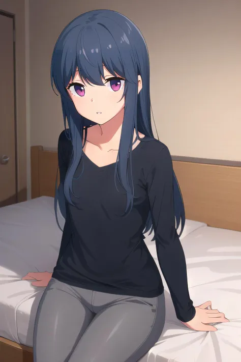 Sayuri akino, lingerie, shirt, purple_hair, long_hair, purple_eyes, hair_ornament, blush, hairclip, 1girl, lingerie , bra and panties, purple bra and purple panties, purple undies , solo, mole_under_eye, looking_at_viewer, bedroom, sitting on bed, best_quality, highres, extremely_detailed, anime perfect detailed style, 8k, masterpiece, anime