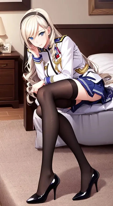 celia\(walkure\), celia\(uniform\),1girl, mature female, solo,
blue eyes,
black thighhighs, high heels,
bedroom, pillow,
best quality, highest quality, ultra-detailed, masterpiece, illustration, ultra detailed background,
<lora:celia_walkure-000022:0.7>