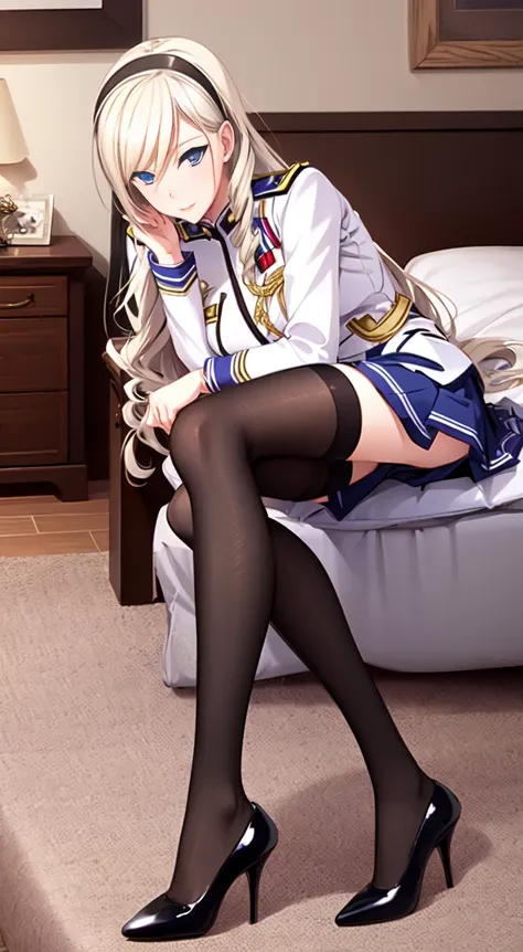 celia\(walkure\), celia\(uniform\),1girl, mature female, solo,
blue eyes,
black thighhighs, high heels,
bedroom, pillow,
best quality, highest quality, ultra-detailed, masterpiece, illustration, ultra detailed background,
<lora:celia_walkure-000022:0.7>
