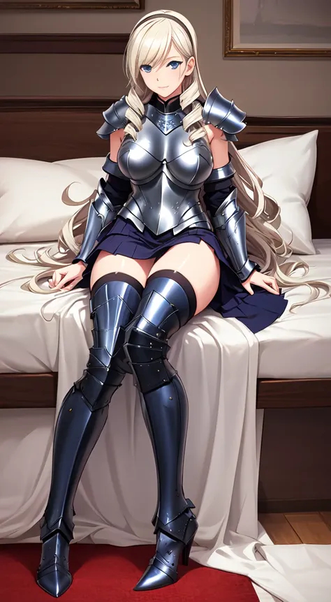 celia\(walkure\), celia\(armor\),1girl, mature female, solo,
blue eyes,
black thighhighs, high heels, breastplate,
bedroom, pillow,
best quality, highest quality, ultra-detailed, masterpiece, illustration, ultra detailed background,
<lora:celia_walkure-000022:0.7>
