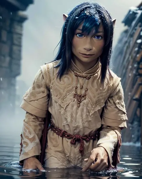 gelflingjen, male, fringe, beige robes, dark hair, upper body, snowy mountain, foggy, submerged in snow, (profiles:0.4) <lora:Jen__Kira_Dark_Crystal:1>