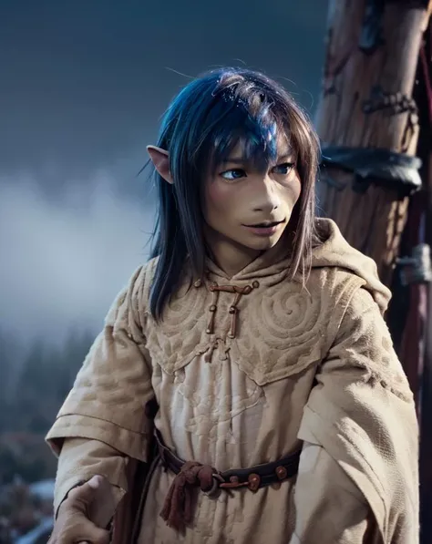 gelflingjen, male, fringe, beige robes, dark hair, upper body, snowy mountain, foggy, thick snow, flipped, (profiles:0.4) <lora:Jen__Kira_Dark_Crystal:1>