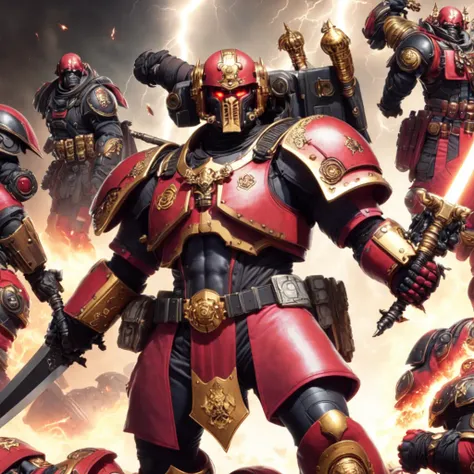 photo, a space marine in (red gold black armor:1) with a big sword, sitting on top of a pile of white skulls, (Lightning:1) (SpaceMarine style:1) <lora:djzSpaceMarineV21:1>