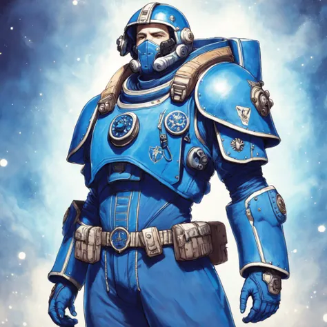 photo, a drawing of a man in a blue space marine suit (SpaceMarine style:1) <lora:djzSpaceMarineV21:1>